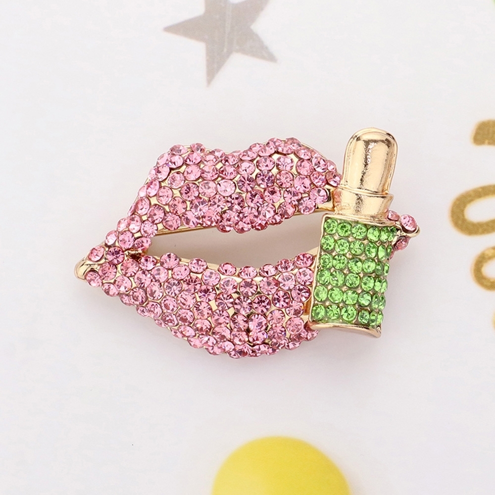 Pink Green Gold Rhinestone Crystal Lipstick Brooch Pin Cute Statement Accessory